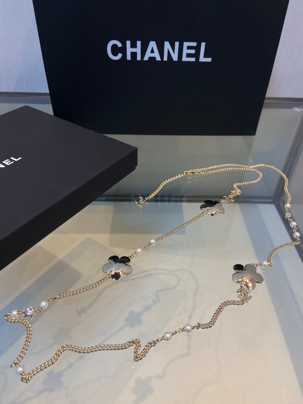 Chanel Gold-Tone Blue Enamel Flower Pearl Crystal Long Necklace - Picture 5 of 7